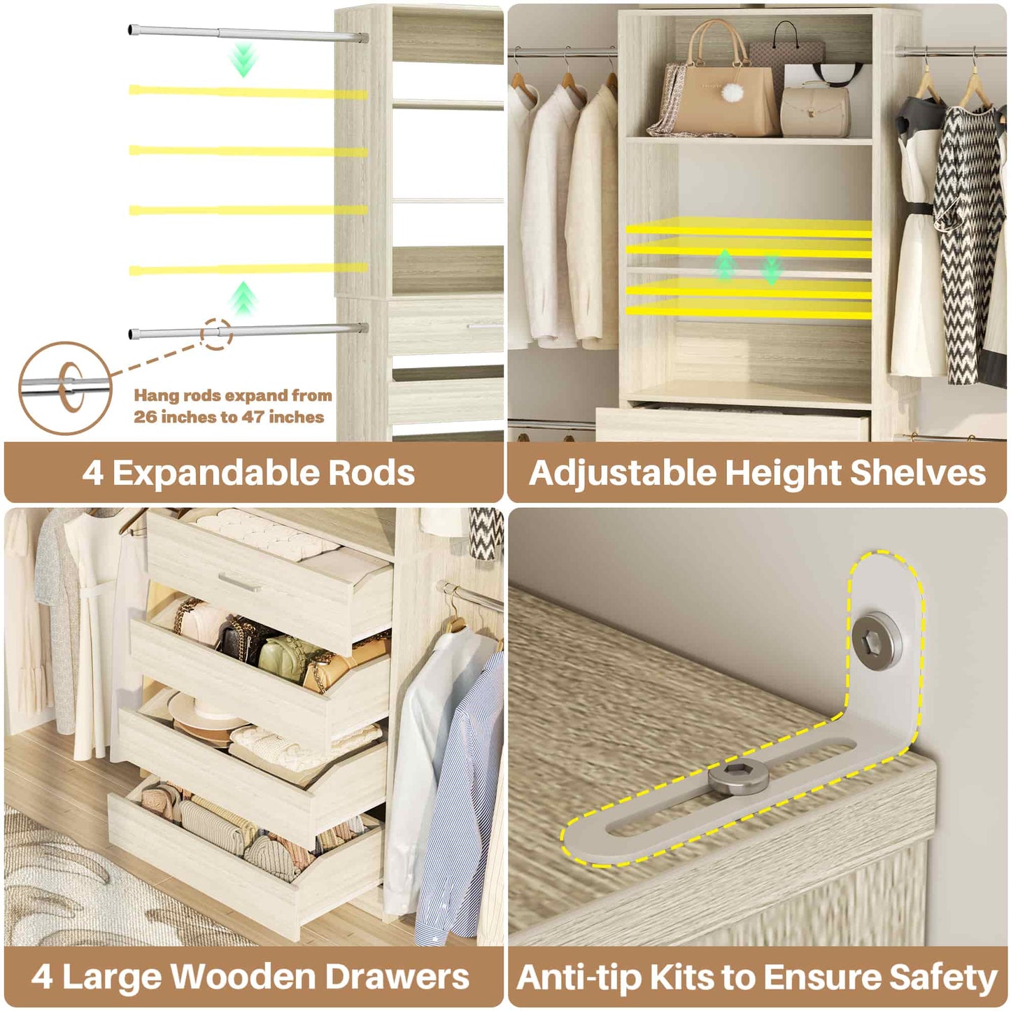 2-Pack Closet Organizer System: Dual 4-9Ft Adjustable Wardrobe Racks with 8 Wooden Drawers, Double Tower Storage, 8 Hanging Rods & Garment Racks ﻿