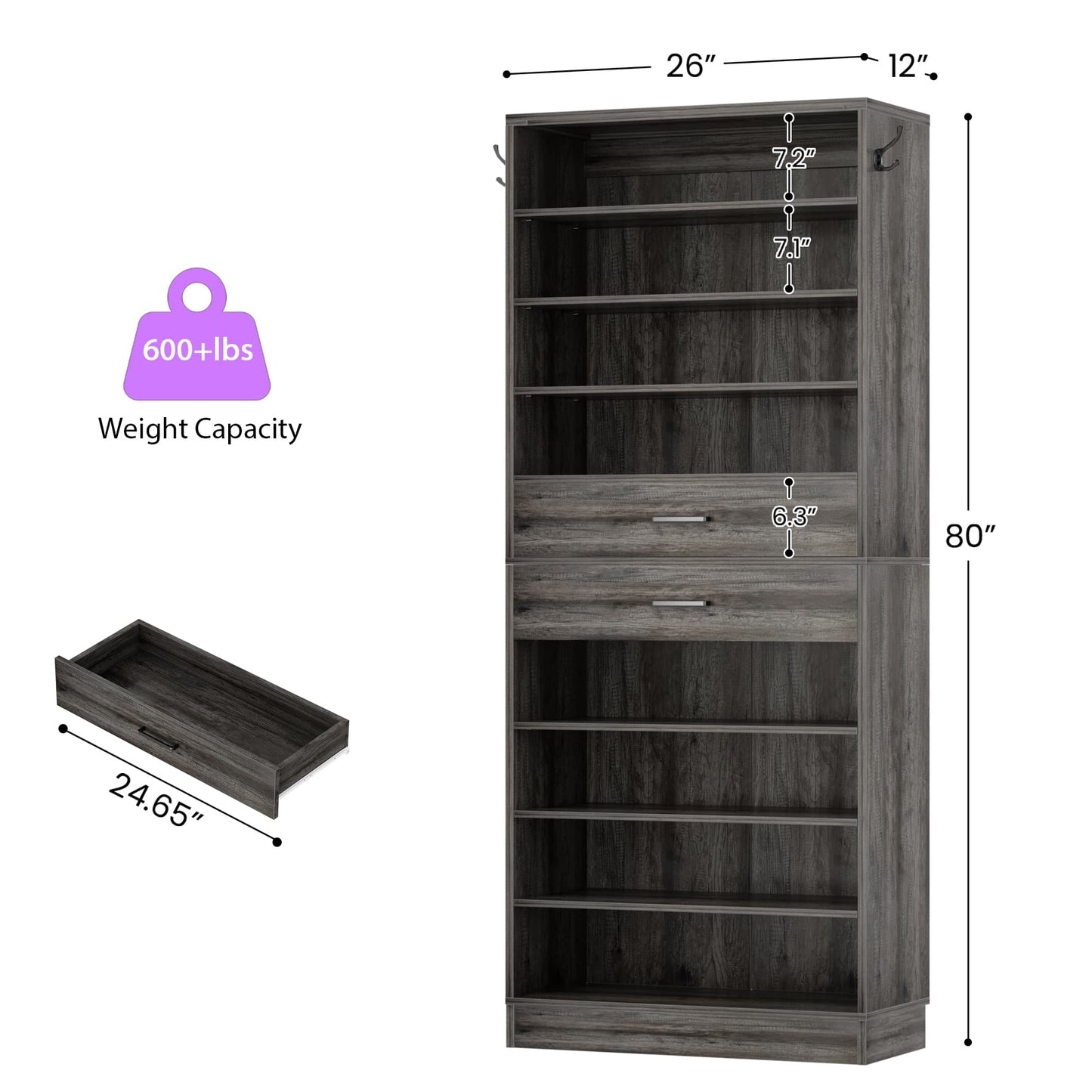 10-Tier Shoe Cabinet with 2 Drawers, 65cm Width Freestanding Closet Organizer