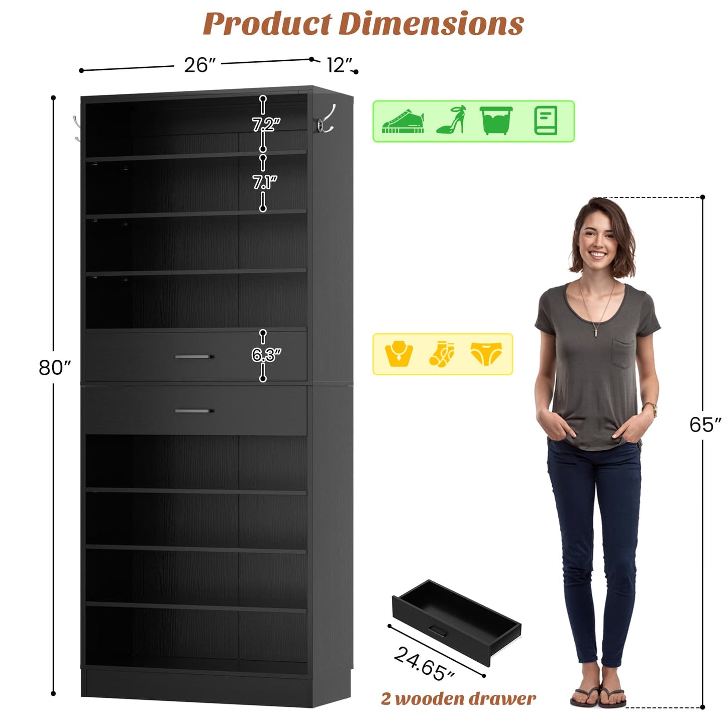 10-Tier Shoe Cabinet with 2 Drawers, 65cm Width Freestanding Closet Organizer
