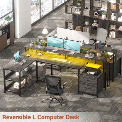 L Shaped Desk with File Drawer, 72.8" Reversible L Shaped Computer Desk with Power Outlet & LED Strip