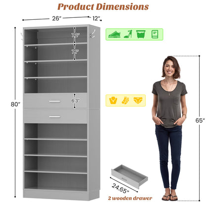 10-Tier Shoe Cabinet with 2 Drawers, 65cm Width Freestanding Closet Organizer