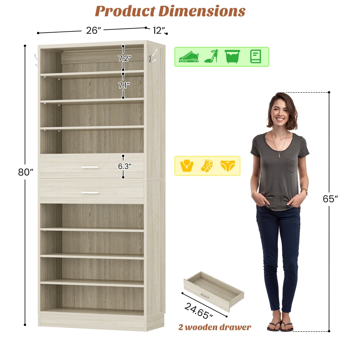 2-Pack 10-Tier Shoe Cabinet Set with 4 Drawers, 65cm Width Freestanding Organizer
