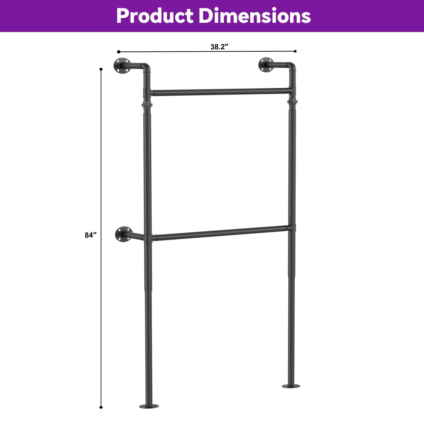 3.5FT Wall Mounted Industrial Pipe Clothing Rack, Heavy Duty & Reversible Garment Rack for Closet, Small Walk-in Wardrobe System