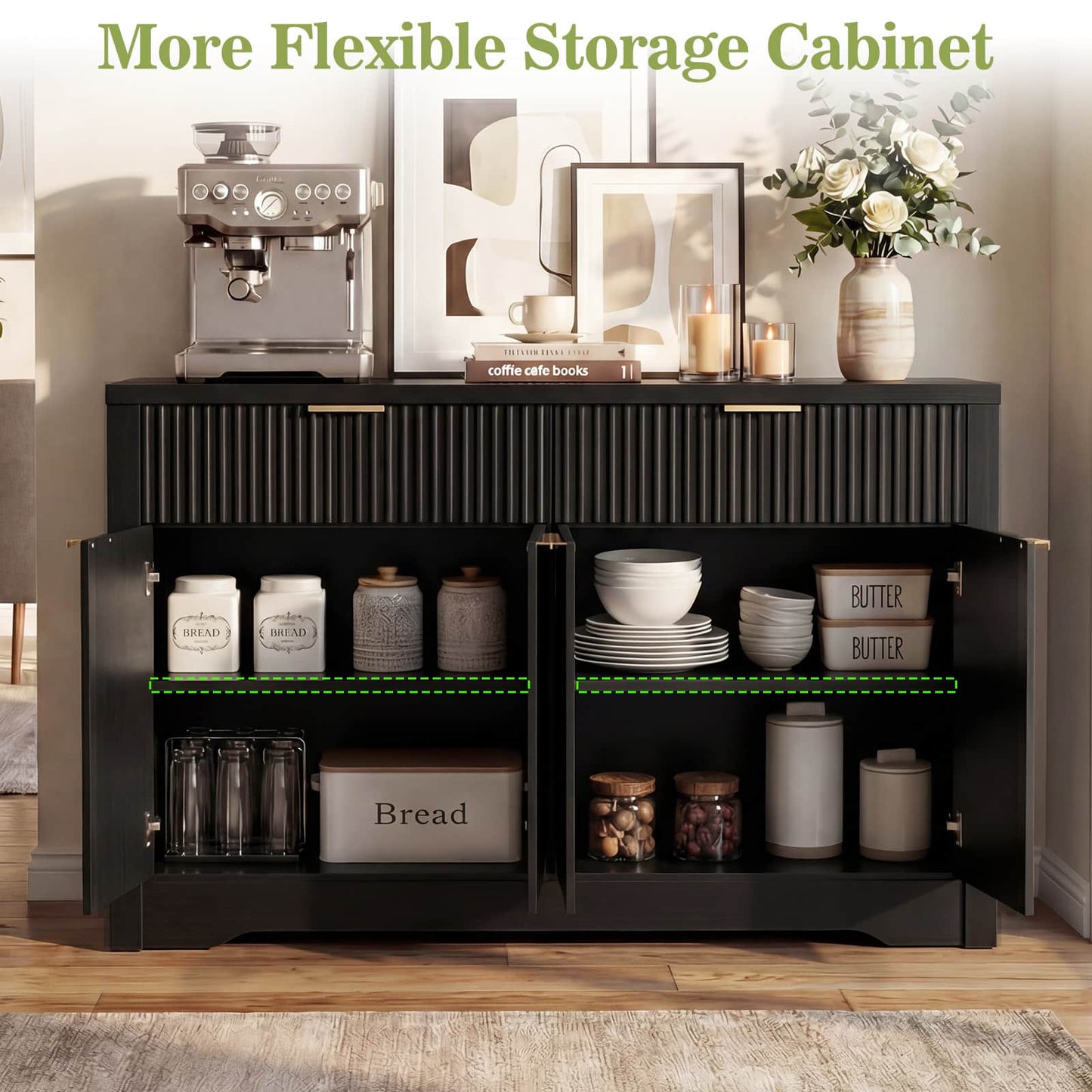 Buffet Cabinet with Storage, 55" Fluted Sideboard Buffet with Drawers