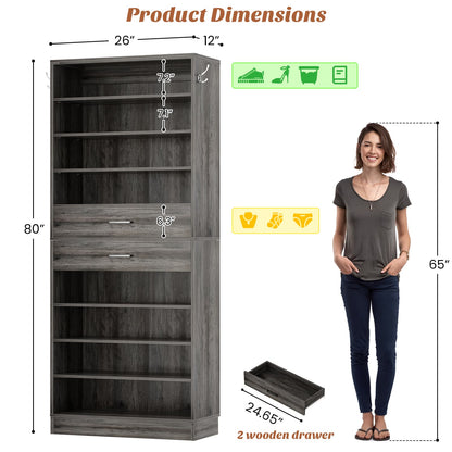 10-Tier Shoe Cabinet with 2 Drawers, 65cm Width Freestanding Closet Organizer