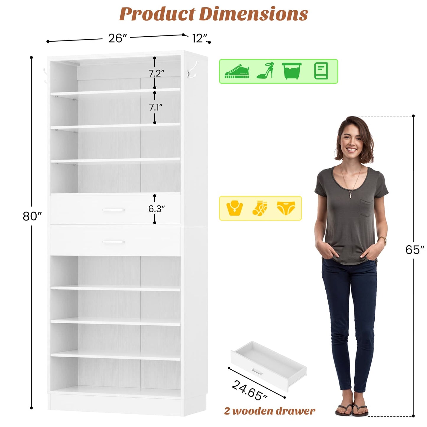 10-Tier Shoe Cabinet with 2 Drawers, 65cm Width Freestanding Closet Organizer