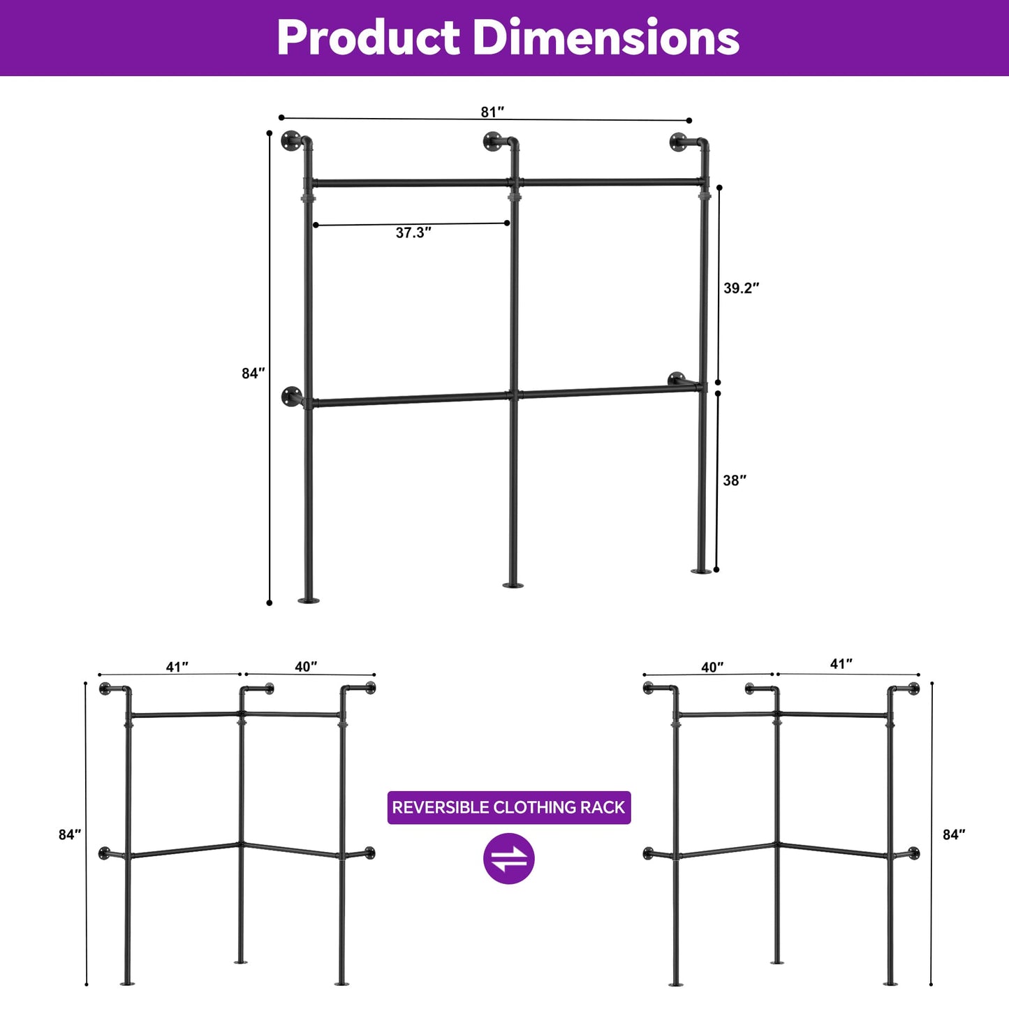6.75FT Corner L-Shaped Wall Mounted Industrial Pipe Clothing Rack, Heavy Duty Reversible Wardrobe System for Walk-in Closets