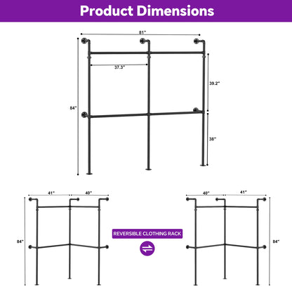 6.75FT Corner L-Shaped Wall Mounted Industrial Pipe Clothing Rack, Heavy Duty Reversible Wardrobe System for Walk-in Closets