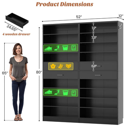 2-Pack 10-Tier Shoe Cabinet Set with 4 Drawers, 65cm Width Freestanding Organizer