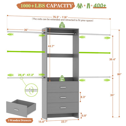 Closet System, Closet Organizer with 3 Wooden Drawers
