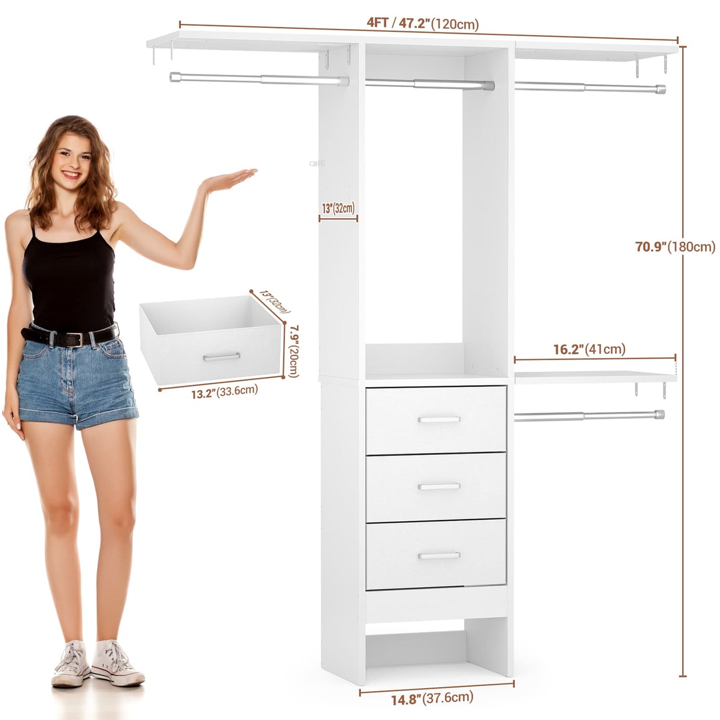 4FT Small Closet System with 3 Fabric Drawers