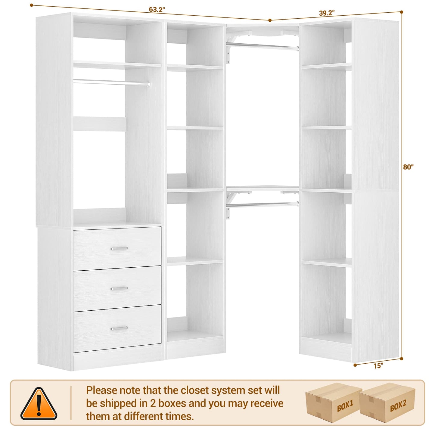 63.2" L X 39.2" W X 80" H Corner Closet System,Freestanding Closet Organizer System With 2 Drawers & 12 Shelves