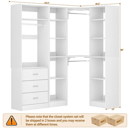 63.2" L X 39.2" W X 80" H Corner Closet System,Freestanding Closet Organizer System With 2 Drawers & 12 Shelves