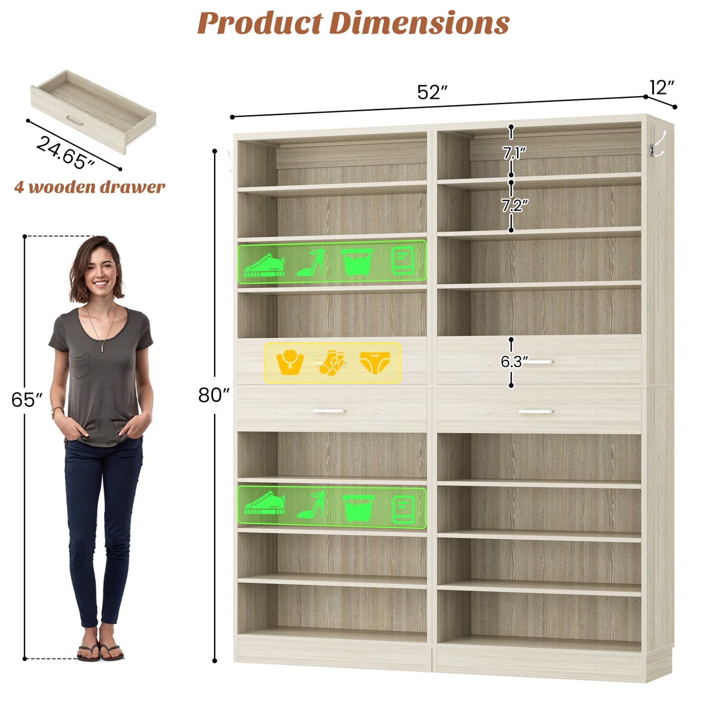 2-Pack 10-Tier Shoe Cabinet Set with 4 Drawers, 65cm Width Freestanding Organizer