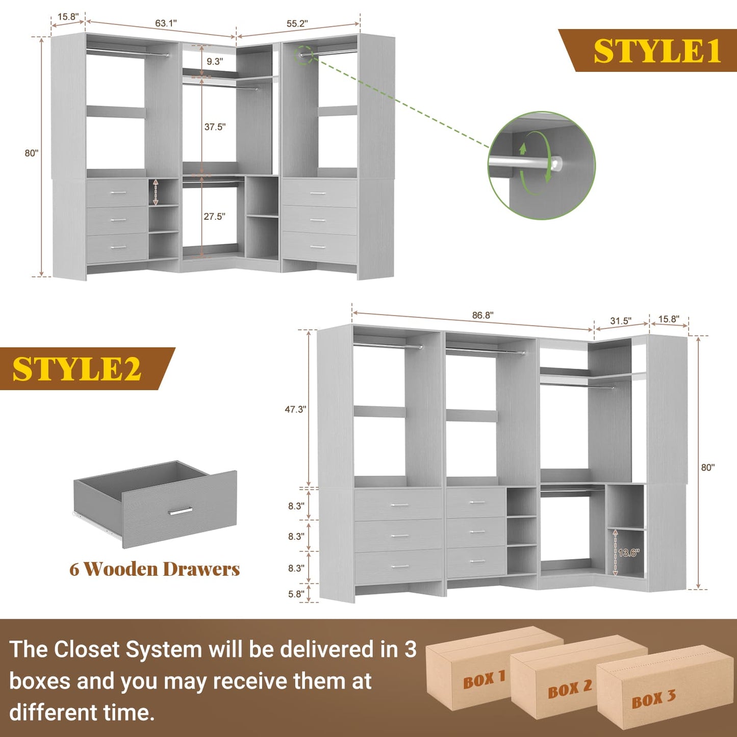 Closet System with 6 Drawers, 4 Hanging Rods & Corner Tower