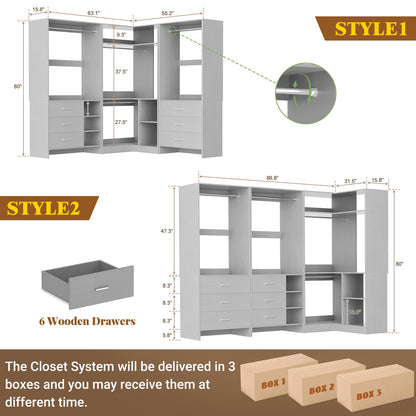 Closet System with 6 Drawers, 4 Hanging Rods & Corner Tower