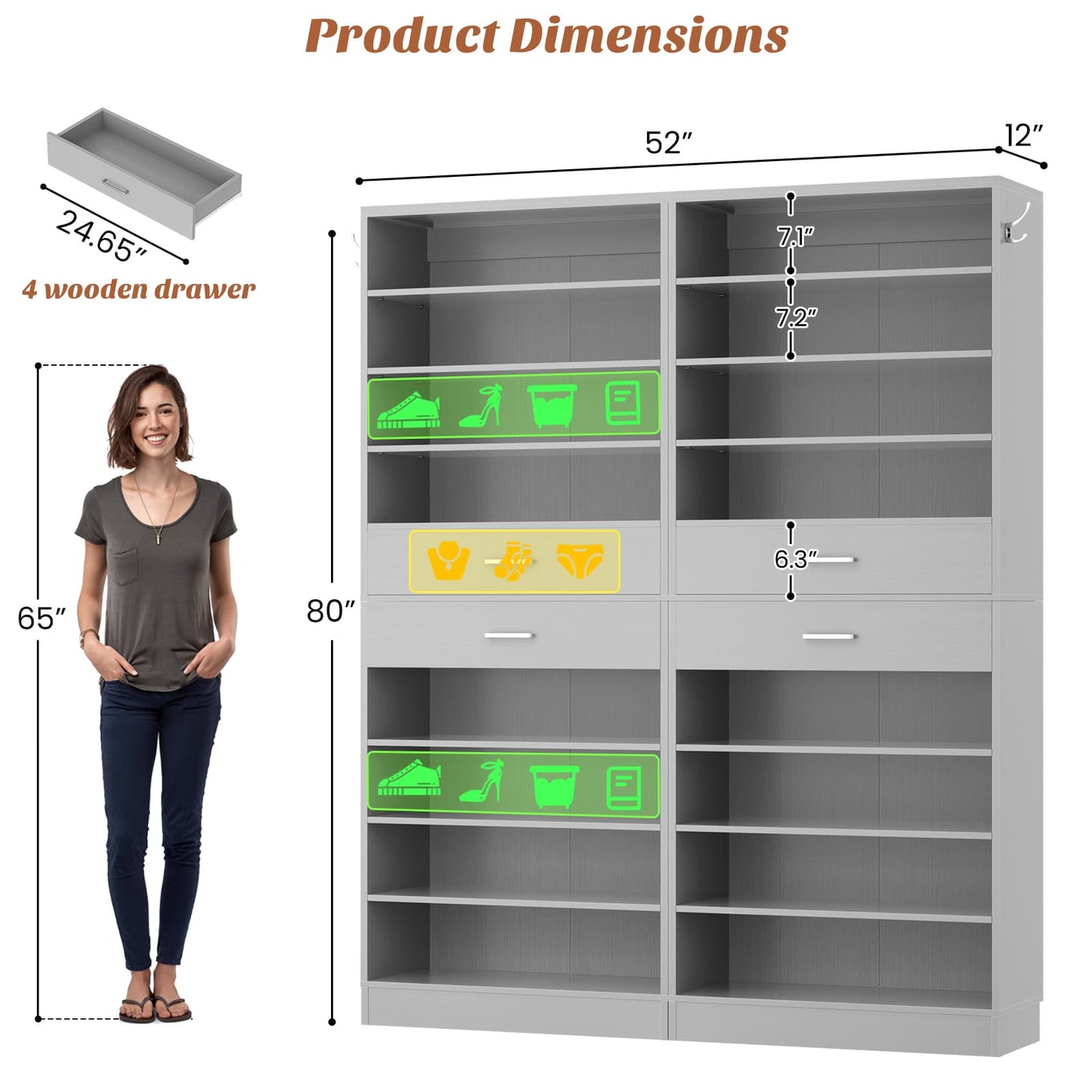 2-Pack 10-Tier Shoe Cabinet Set with 4 Drawers, 65cm Width Freestanding Organizer