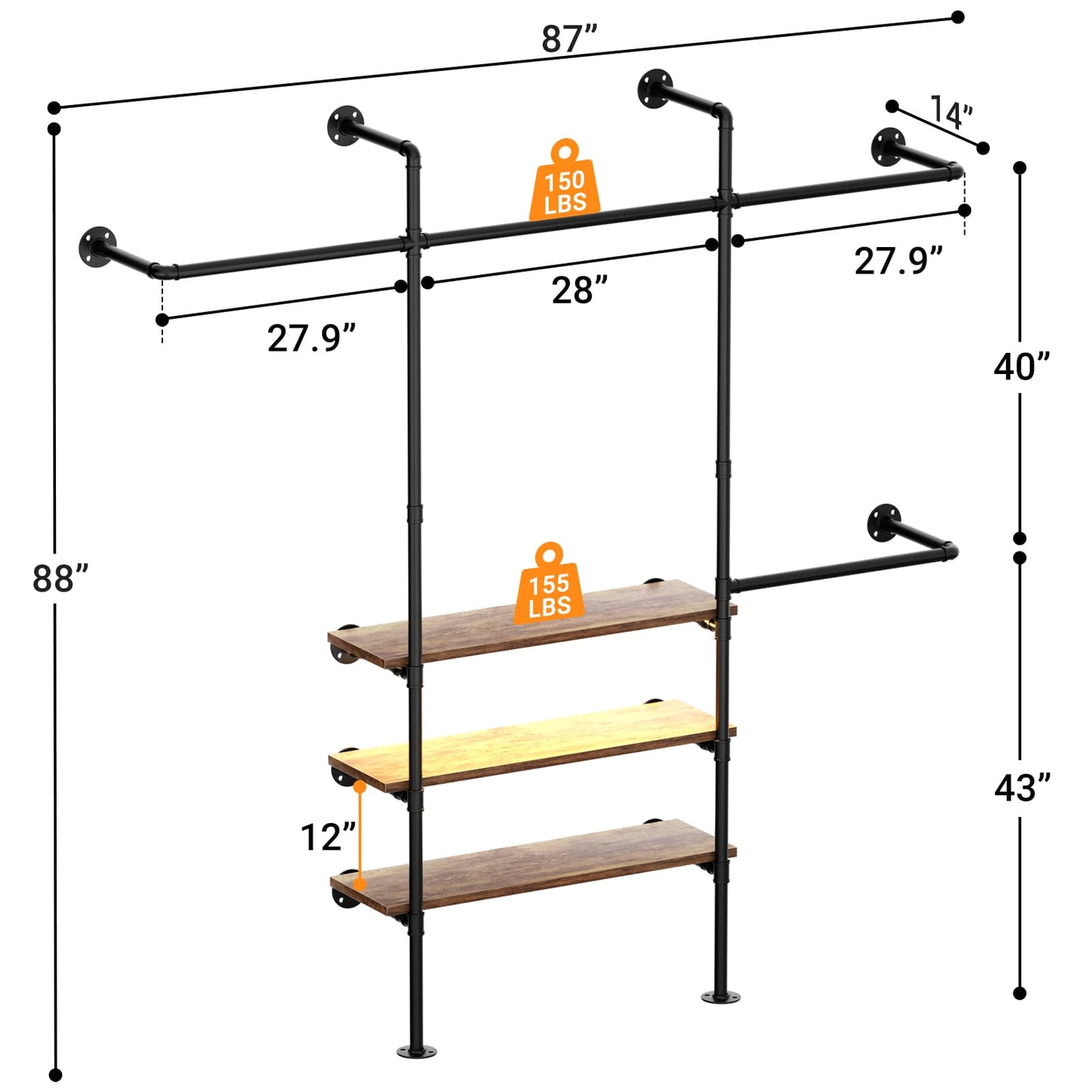 Industrial Pipe Clothing Rack, Reversible 7.25FT Wall Mounted Clothes Rack