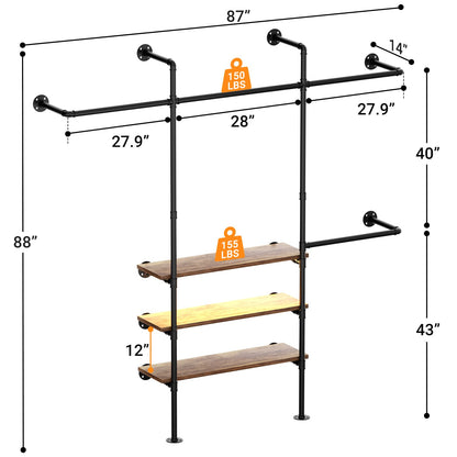 Industrial Pipe Clothing Rack, Reversible 7.25FT Wall Mounted Clothes Rack