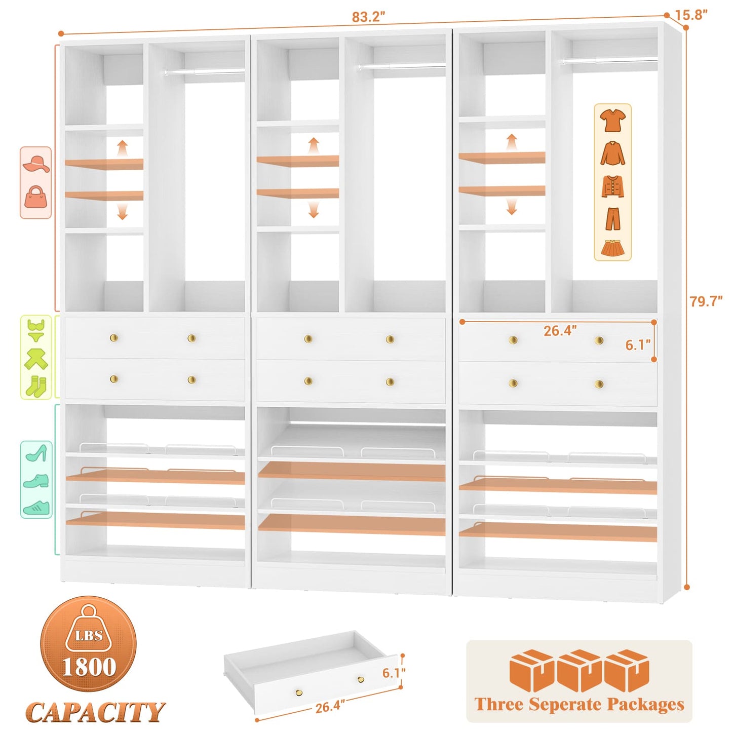 7 FT (84") Free Standing Closet Organizer System - Heavy Duty Wardrobe Tower with Drawers & Shelves