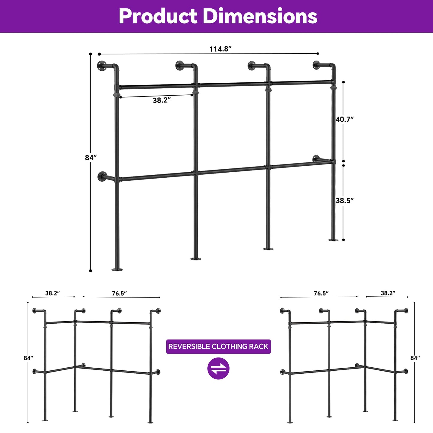 9.85FT Corner L-Shaped Wall Mounted Industrial Pipe Clothing Rack, Heavy Duty Reversible Wardrobe System for Large Walk-in Closets