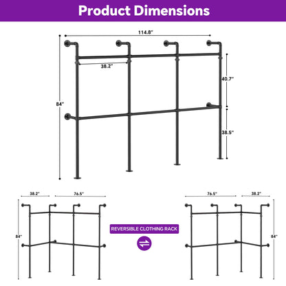 9.85FT Corner L-Shaped Wall Mounted Industrial Pipe Clothing Rack, Heavy Duty Reversible Wardrobe System for Large Walk-in Closets