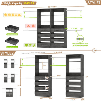 Adjustable Closet Organizer System (6-15Ft) with 8 Wooden Drawers & Modular Tower