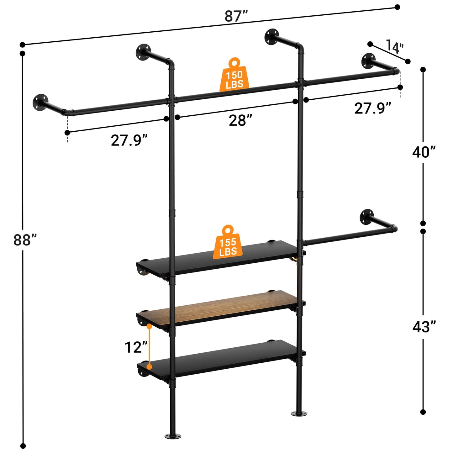Industrial Pipe Clothing Rack, Reversible 7.25FT Wall Mounted Clothes Rack