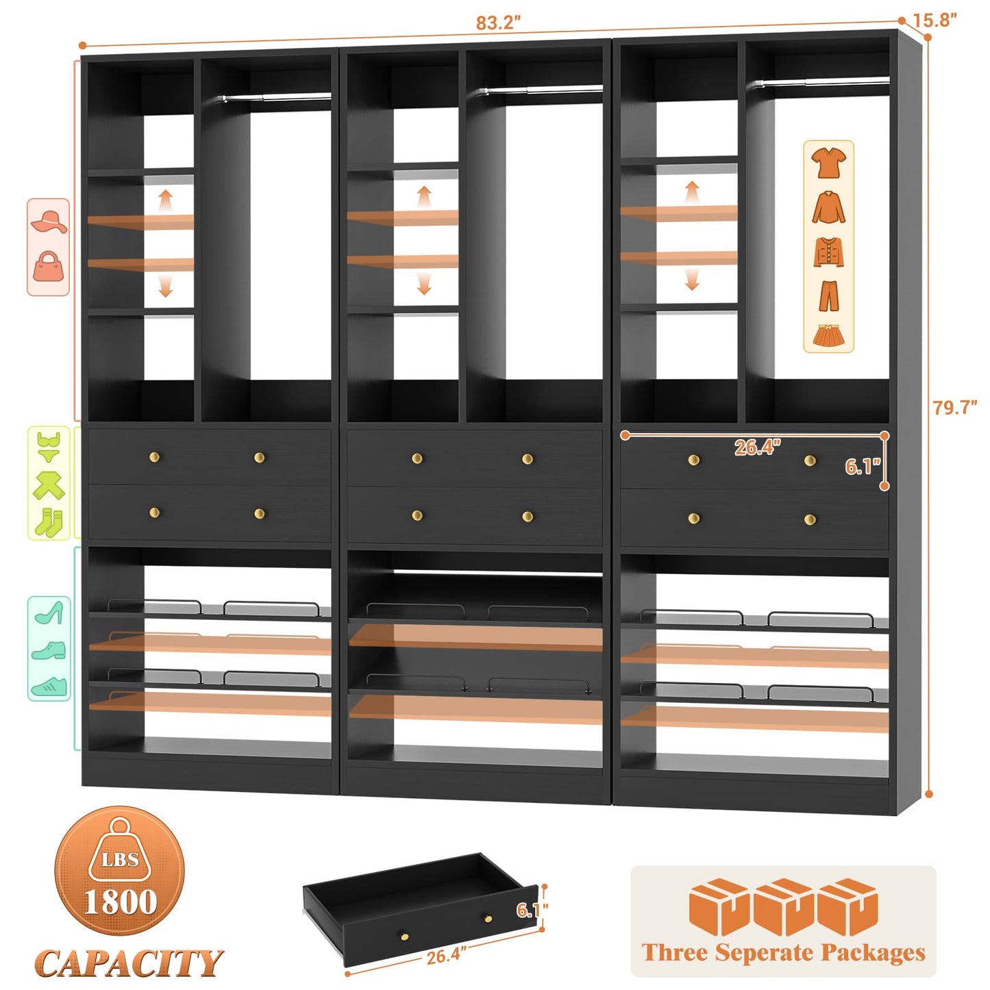 7 FT (84") Free Standing Closet Organizer System - Heavy Duty Wardrobe Tower with Drawers & Shelves