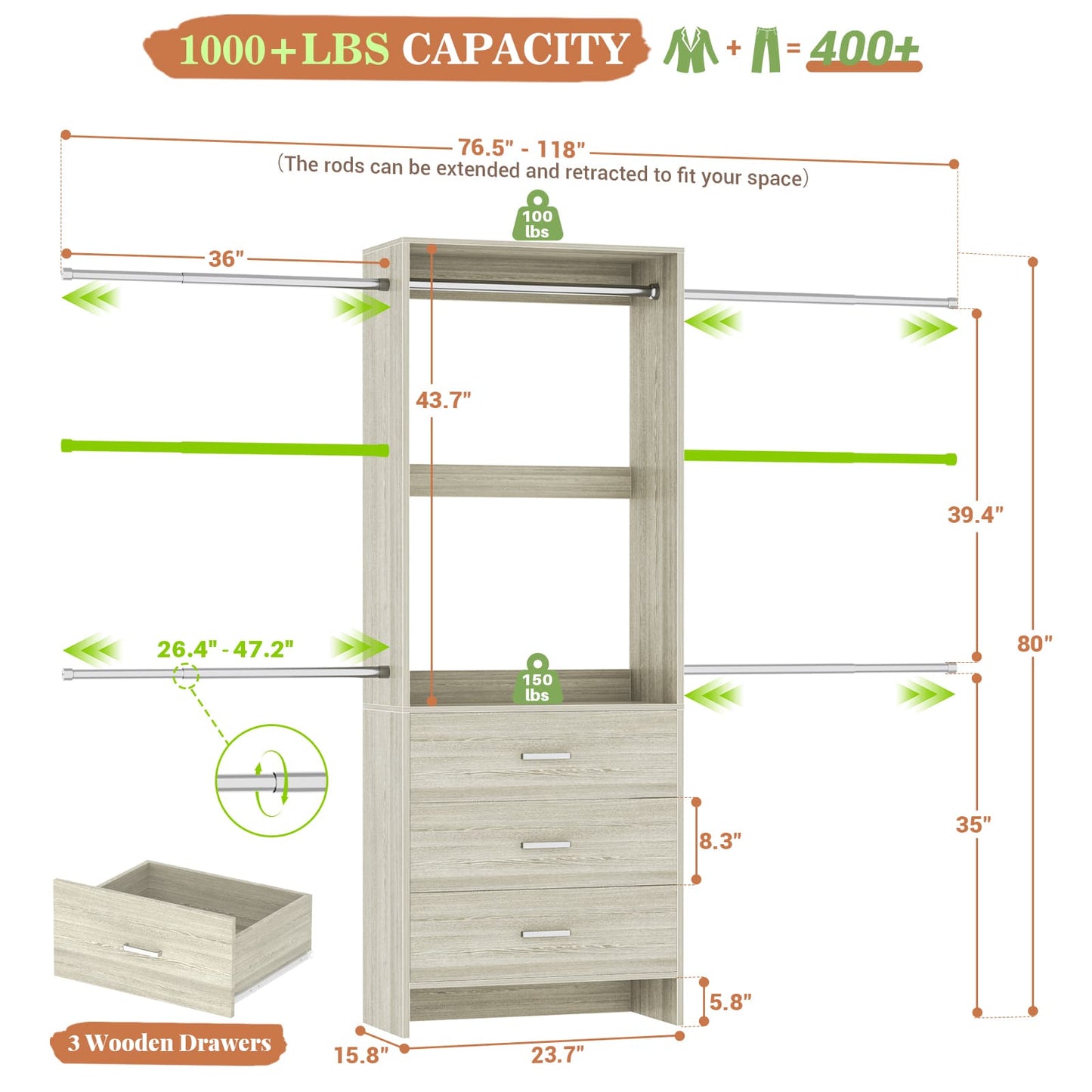 Closet System, Closet Organizer with 3 Wooden Drawers