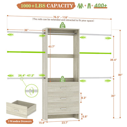 Closet System, Closet Organizer with 3 Wooden Drawers