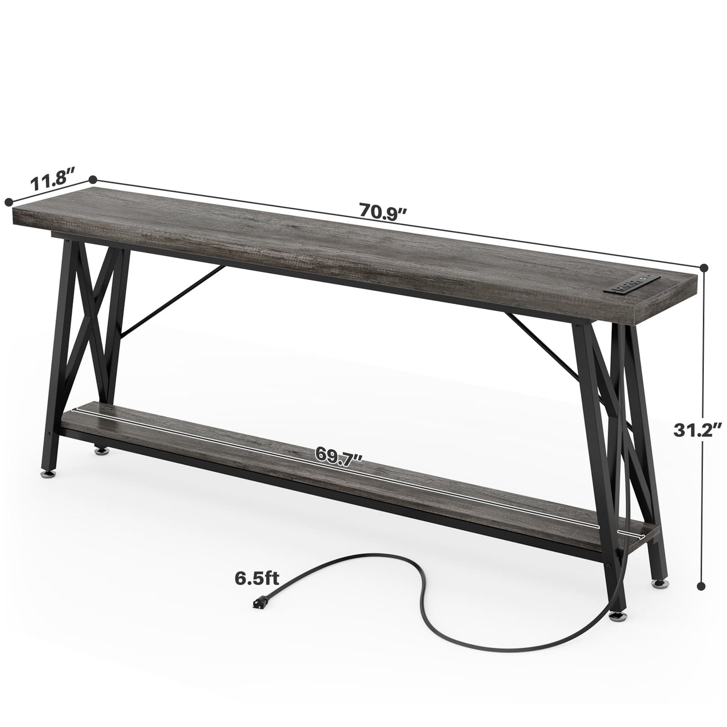Console Table with Charging Station, 70.9 Inch Extra Long Sofa Table