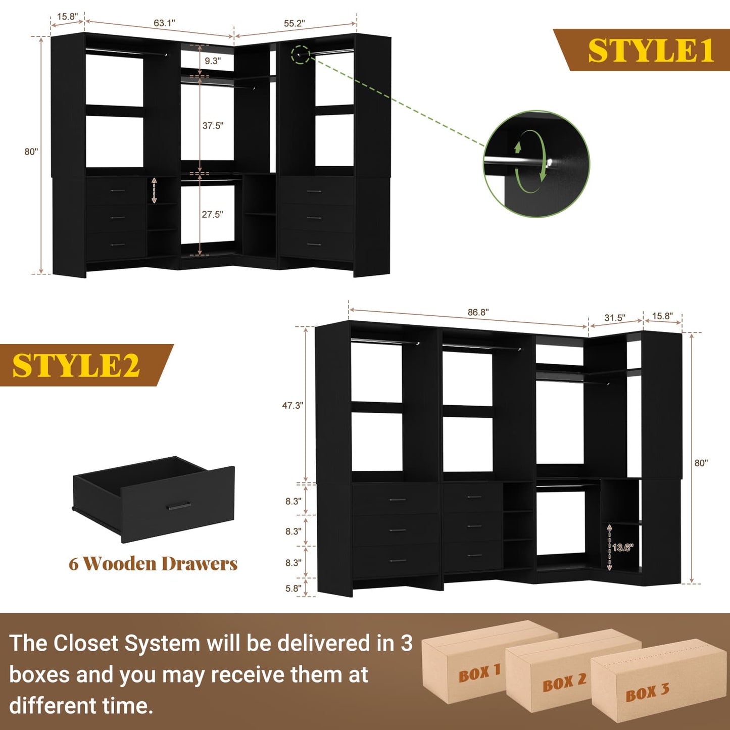 Closet System with 6 Drawers, 4 Hanging Rods & Corner Tower