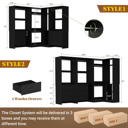 Closet System with 6 Drawers, 4 Hanging Rods & Corner Tower