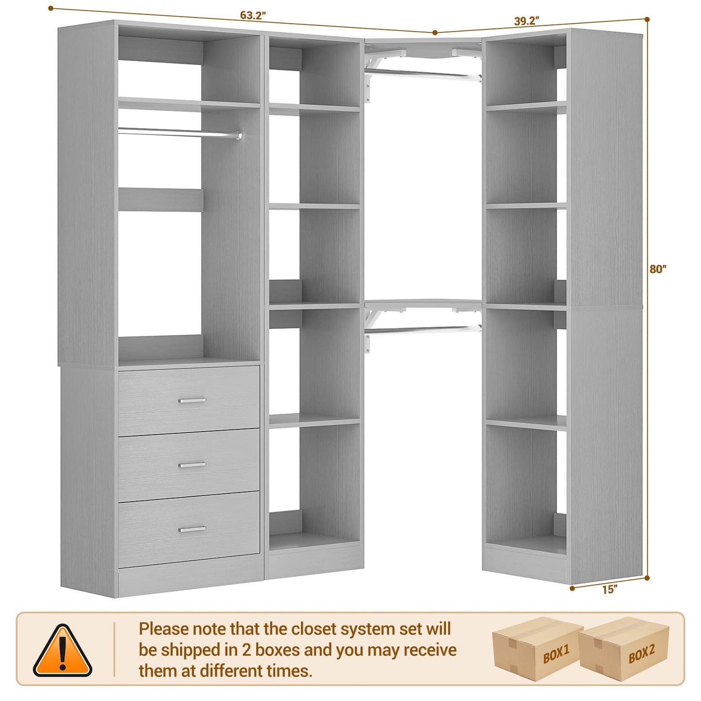 63.2" L X 39.2" W X 80" H Corner Closet System,Freestanding Closet Organizer System With 2 Drawers & 12 Shelves