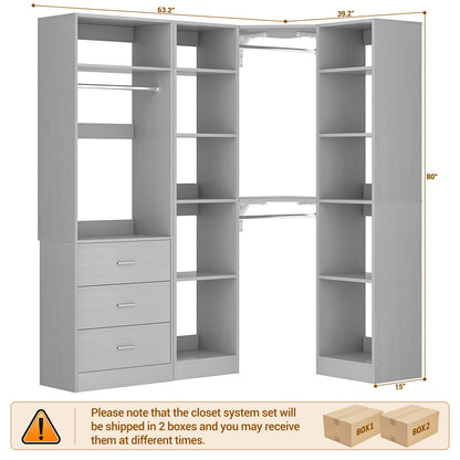 63.2" L X 39.2" W X 80" H Corner Closet System,Freestanding Closet Organizer System With 2 Drawers & 12 Shelves