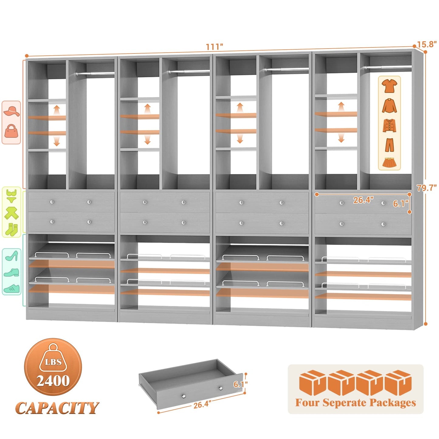 112 Inch (9.2 FT) Freestanding Wardrobe Closet Organizer with 8 Drawers & Shelves, Heavy Duty 2400+ lbs Capacity