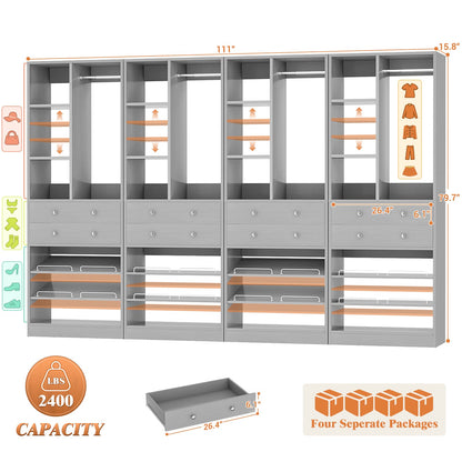 112 Inch (9.2 FT) Freestanding Wardrobe Closet Organizer with 8 Drawers & Shelves, Heavy Duty 2400+ lbs Capacity