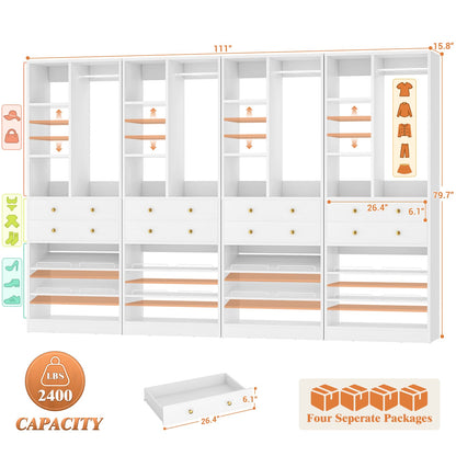 112 Inch (9.2 FT) Freestanding Wardrobe Closet Organizer with 8 Drawers & Shelves, Heavy Duty 2400+ lbs Capacity