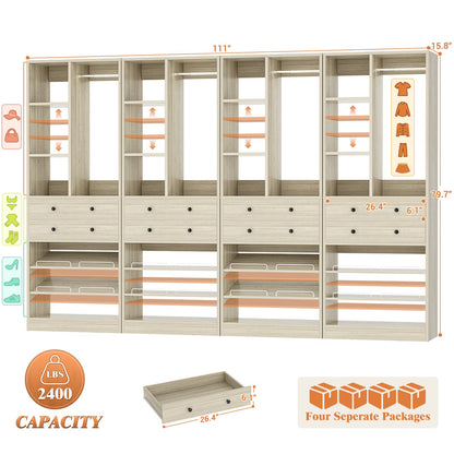 112 Inch (9.2 FT) Freestanding Wardrobe Closet Organizer with 8 Drawers & Shelves, Heavy Duty 2400+ lbs Capacity