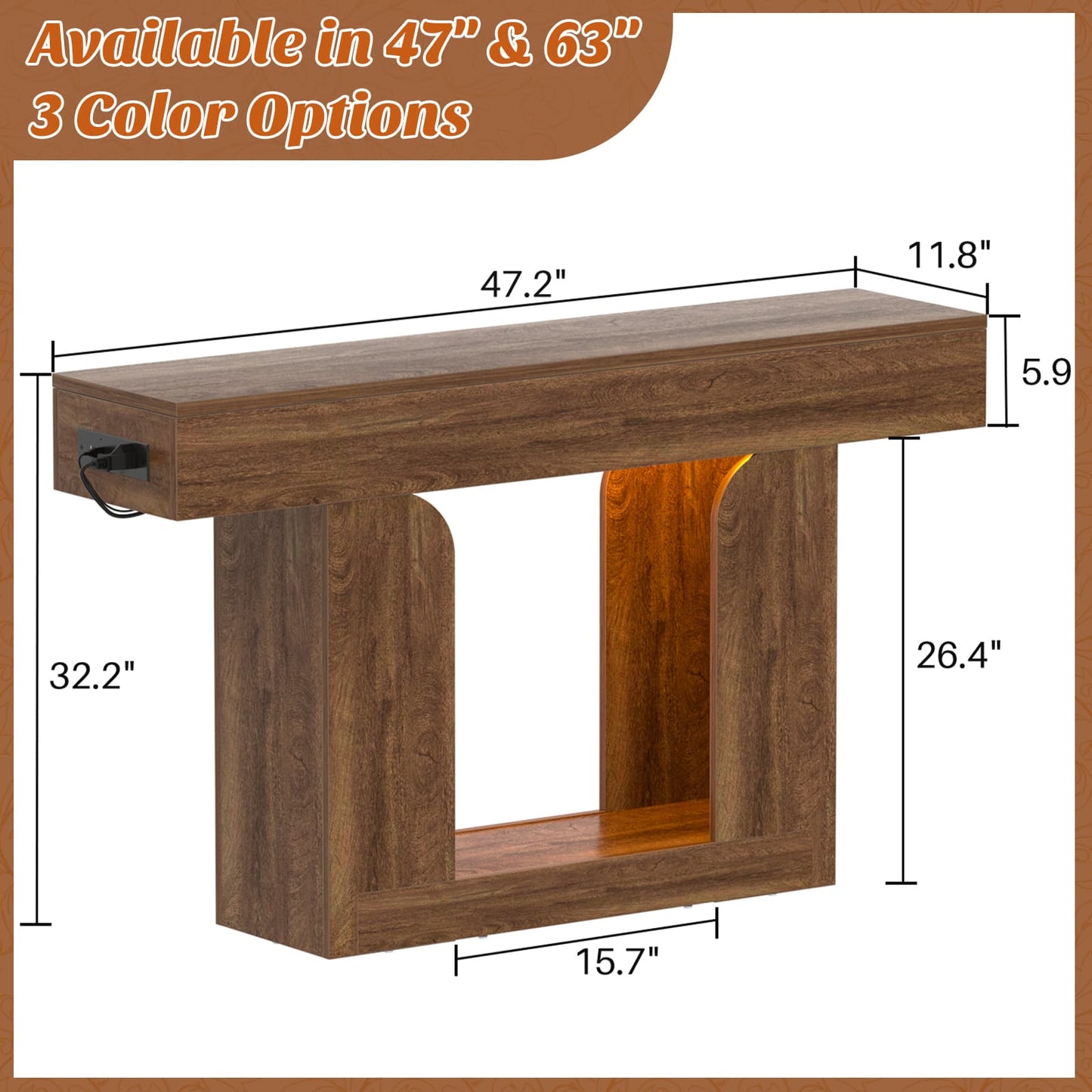 47" Farmhouse Console Table -LED Lights & Charging Station, Narrow Sofa Table for Entryway, Living Room, Foyer, Hallway