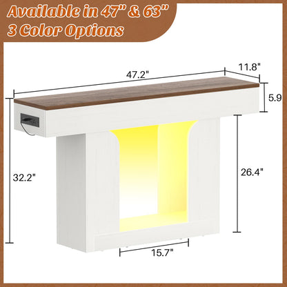 47" Farmhouse Console Table -LED Lights & Charging Station, Narrow Sofa Table for Entryway, Living Room, Foyer, Hallway