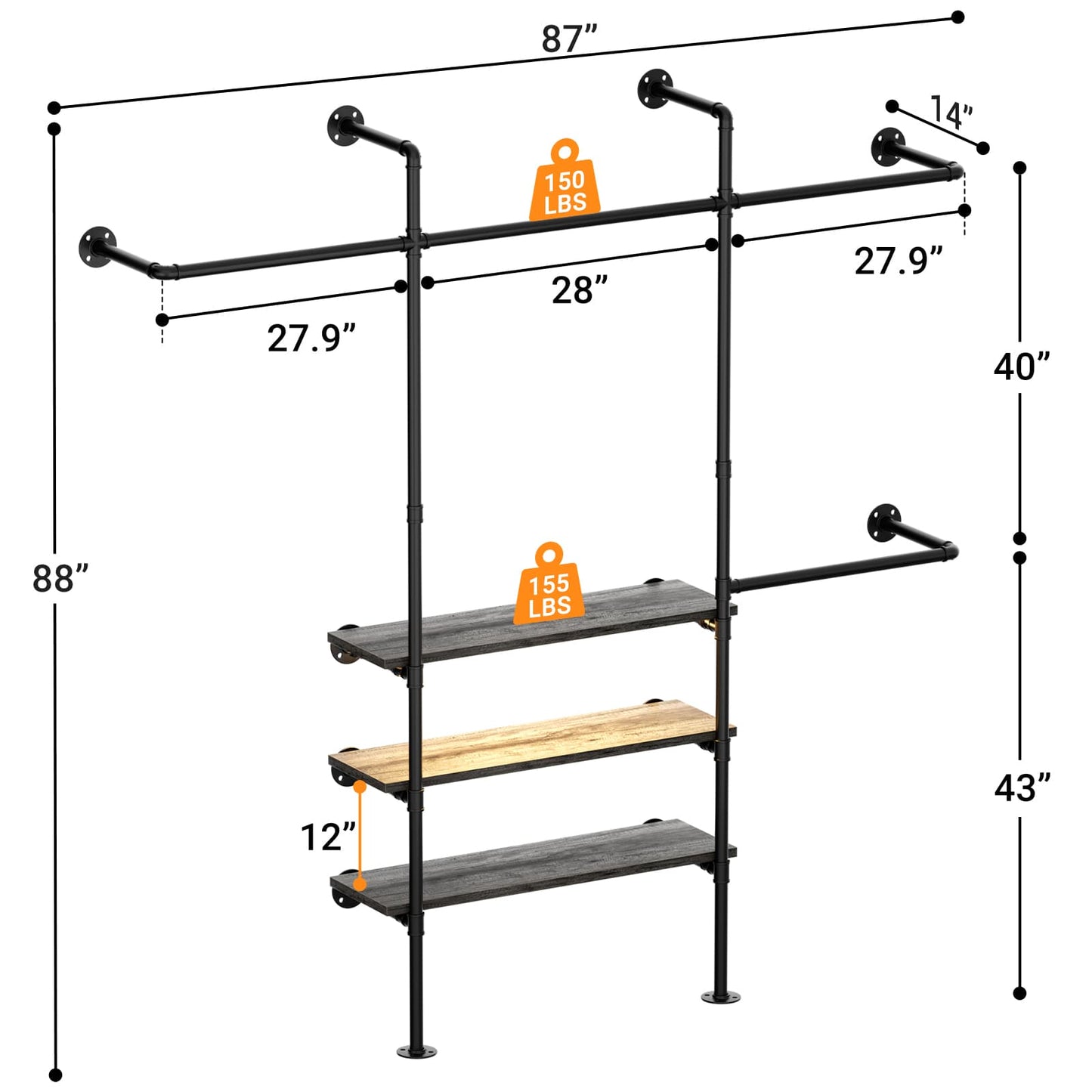 Industrial Pipe Clothing Rack, Reversible 7.25FT Wall Mounted Clothes Rack