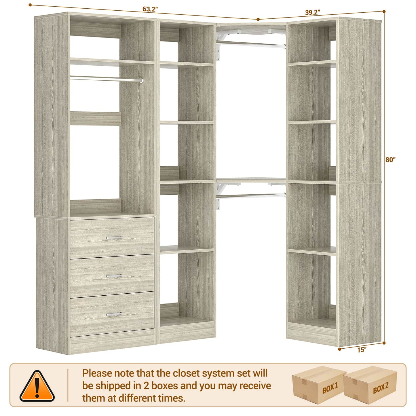 63.2" L X 39.2" W X 80" H Corner Closet System,Freestanding Closet Organizer System With 2 Drawers & 12 Shelves