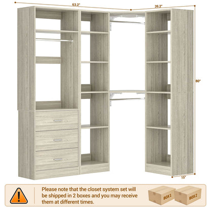 63.2" L X 39.2" W X 80" H Corner Closet System,Freestanding Closet Organizer System With 2 Drawers & 12 Shelves