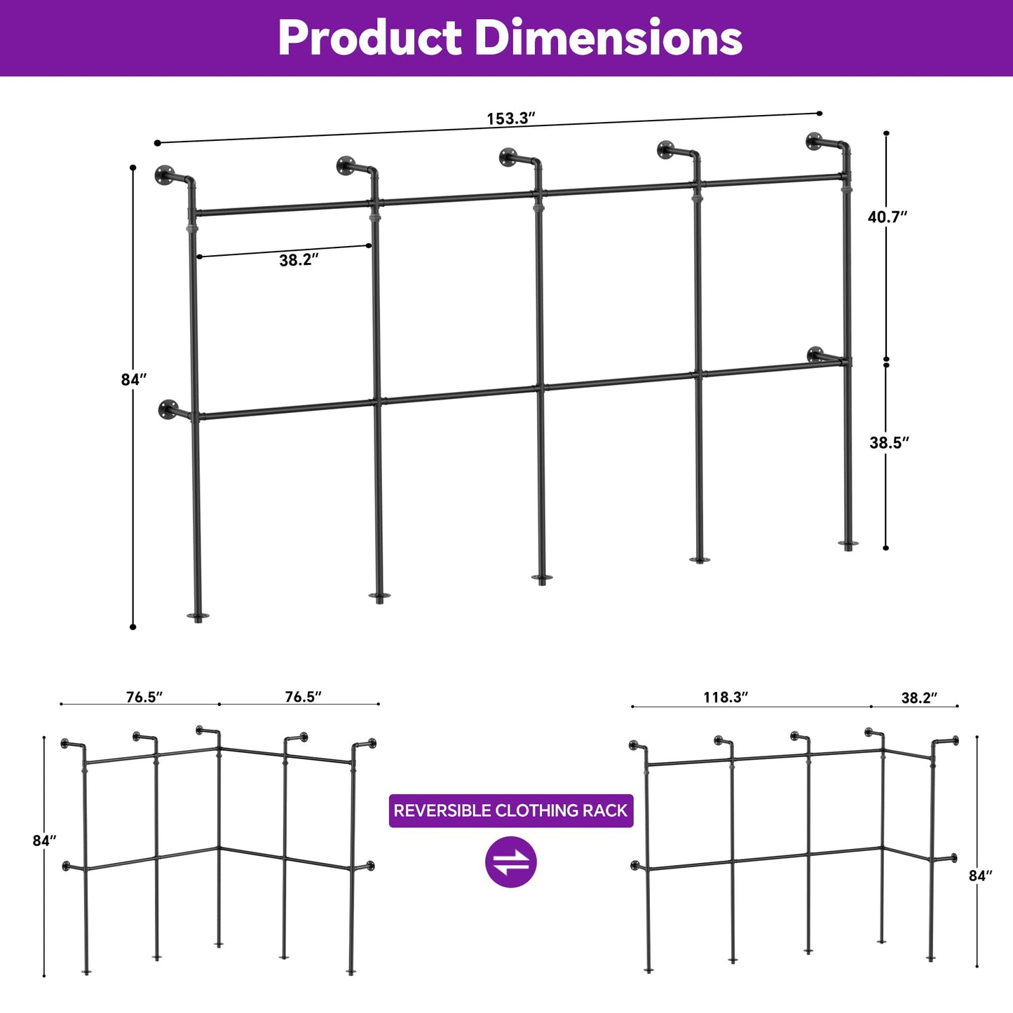 13FT Large Corner L-Shaped Wall Mounted Industrial Pipe Clothing Rack, Heavy Duty Reversible Walk-in Closet Wardrobe System