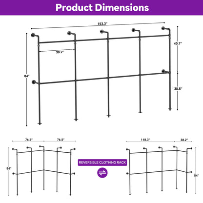 13FT Large Corner L-Shaped Wall Mounted Industrial Pipe Clothing Rack, Heavy Duty Reversible Walk-in Closet Wardrobe System