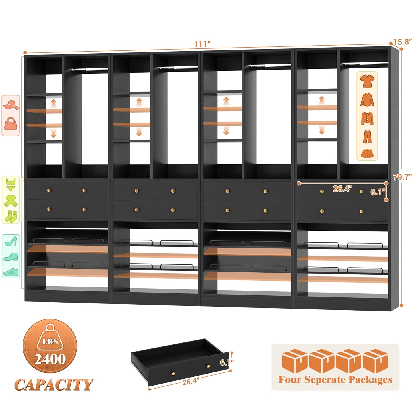 112 Inch (9.2 FT) Freestanding Wardrobe Closet Organizer with 8 Drawers & Shelves, Heavy Duty 2400+ lbs Capacity
