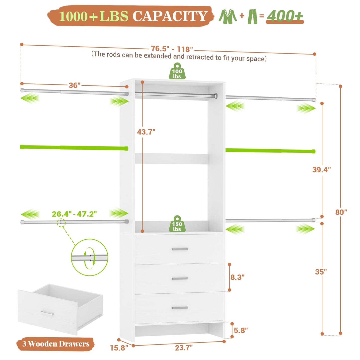 Closet System, Closet Organizer with 3 Wooden Drawers