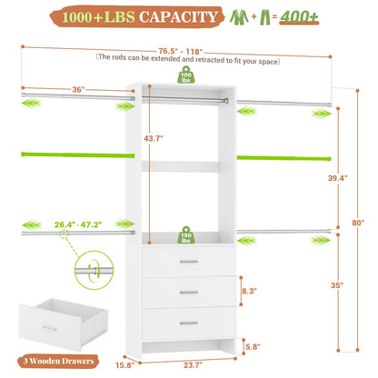 Closet System, Closet Organizer with 3 Wooden Drawers